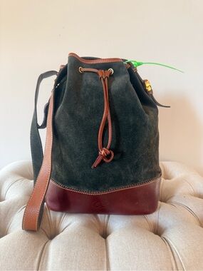 LOEWE Vintage 1985 Caza Cordoban Suede Balloon Bucket Bag Forest Green